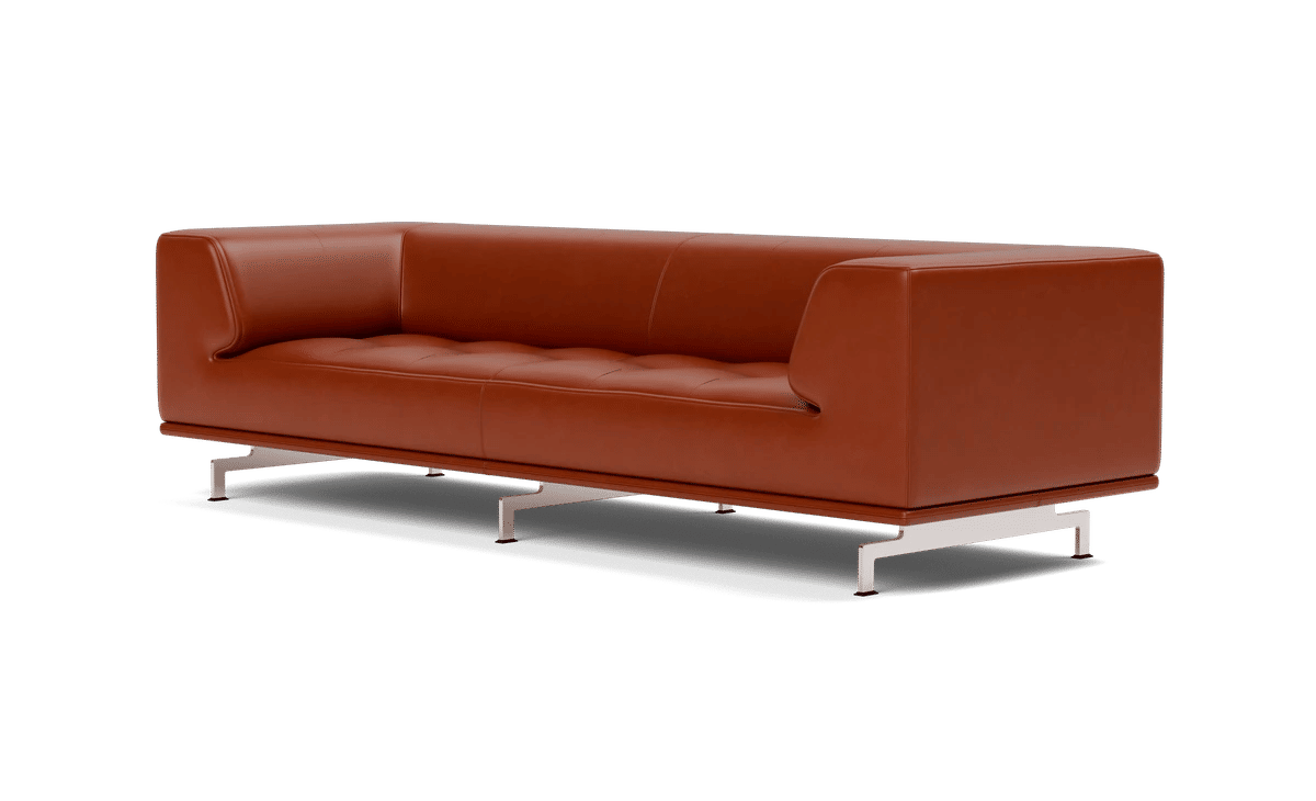 Delphi Sofa, 3 seater, 240cm – Skinn Cera 905, Rustbrun Børstet aluminium