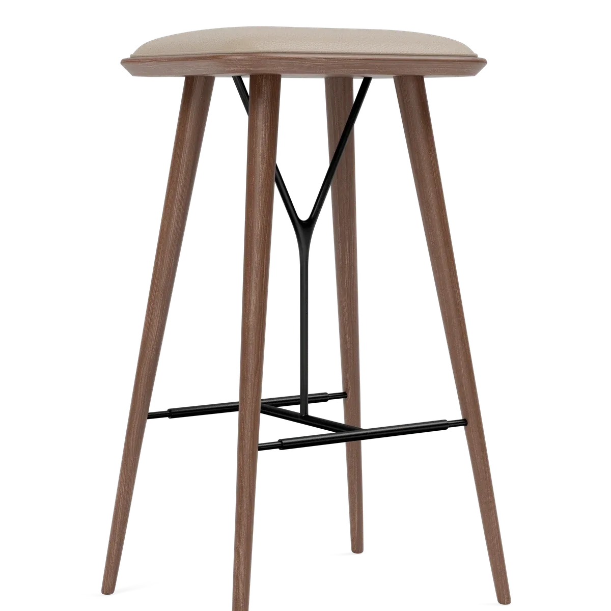 Spine Wood Base Stool – Skinn Omni 112, Varm grå Røkt eik beiset lakkert -sort metall, FSC Mix 70% 74 cm
