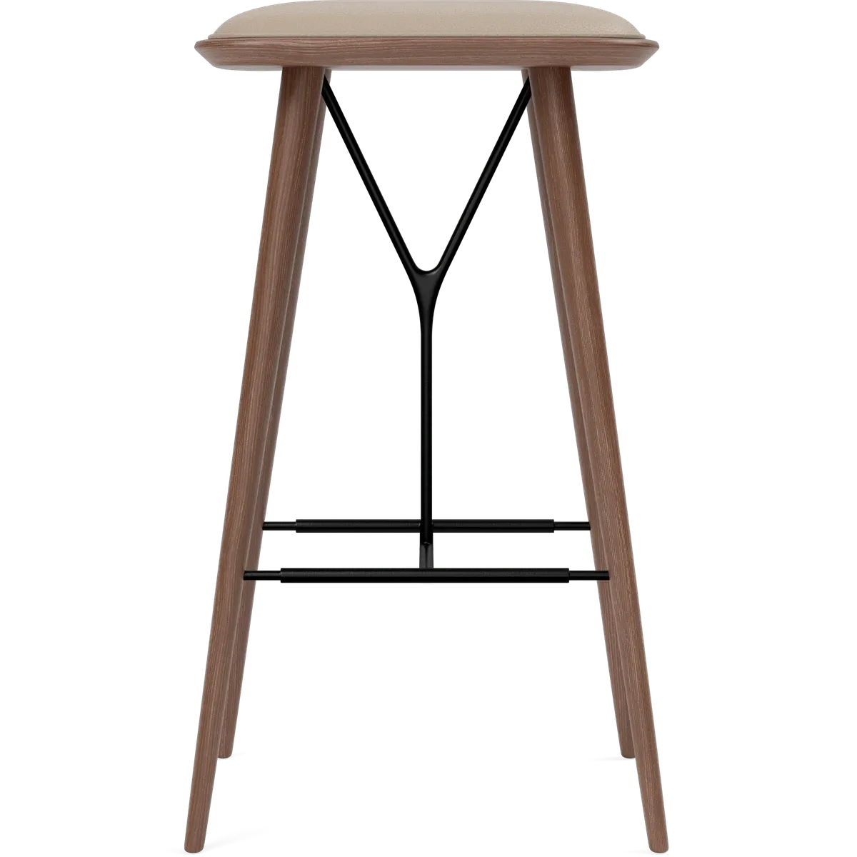 Spine Wood Base Stool – Skinn Omni 112, Varm grå Røkt eik beiset lakkert -sort metall, FSC Mix 70% 74 cm