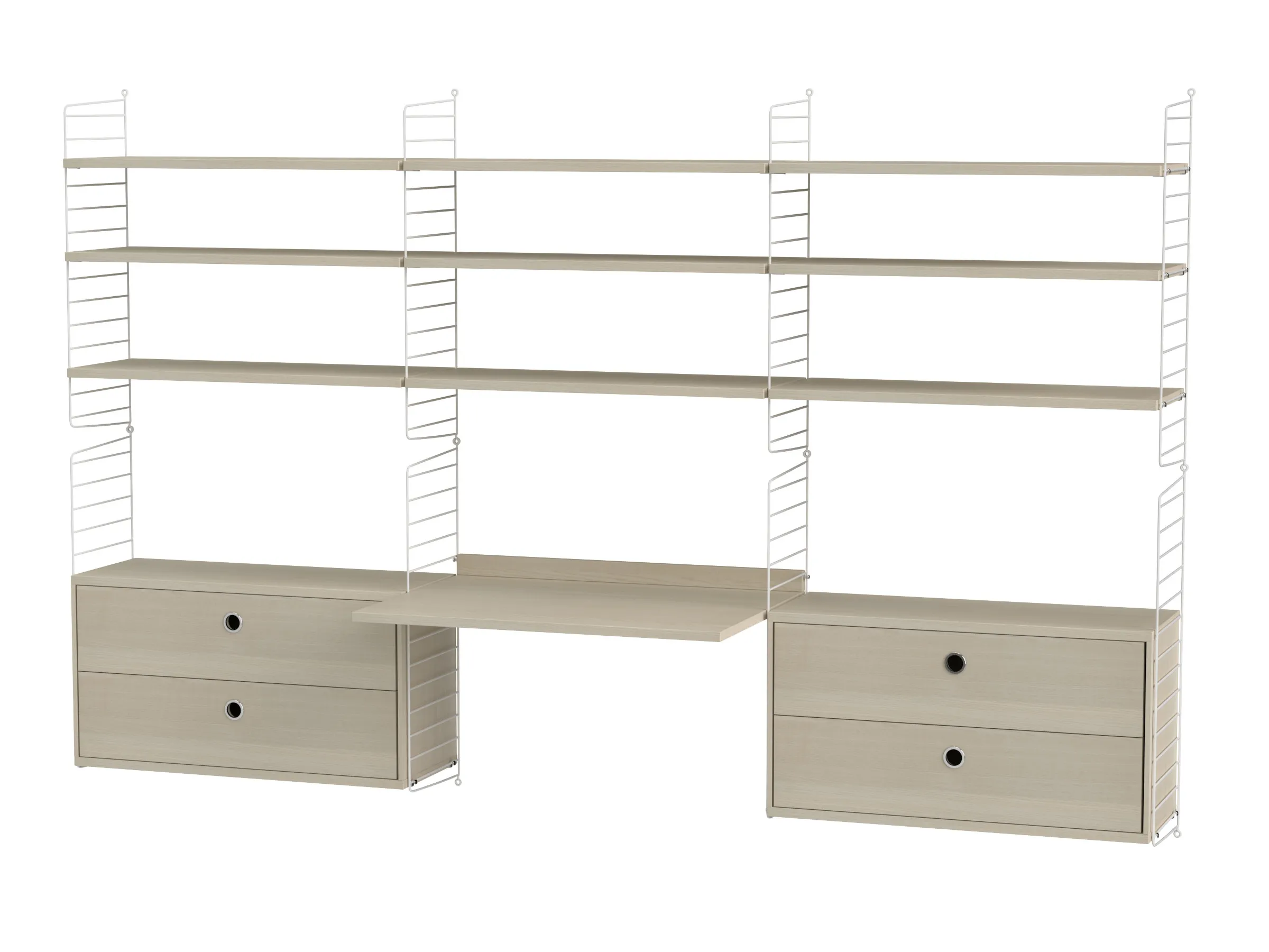 Arbeidsplass F – vegghengt, 3 hyller, arbeidsbord og skuffer
