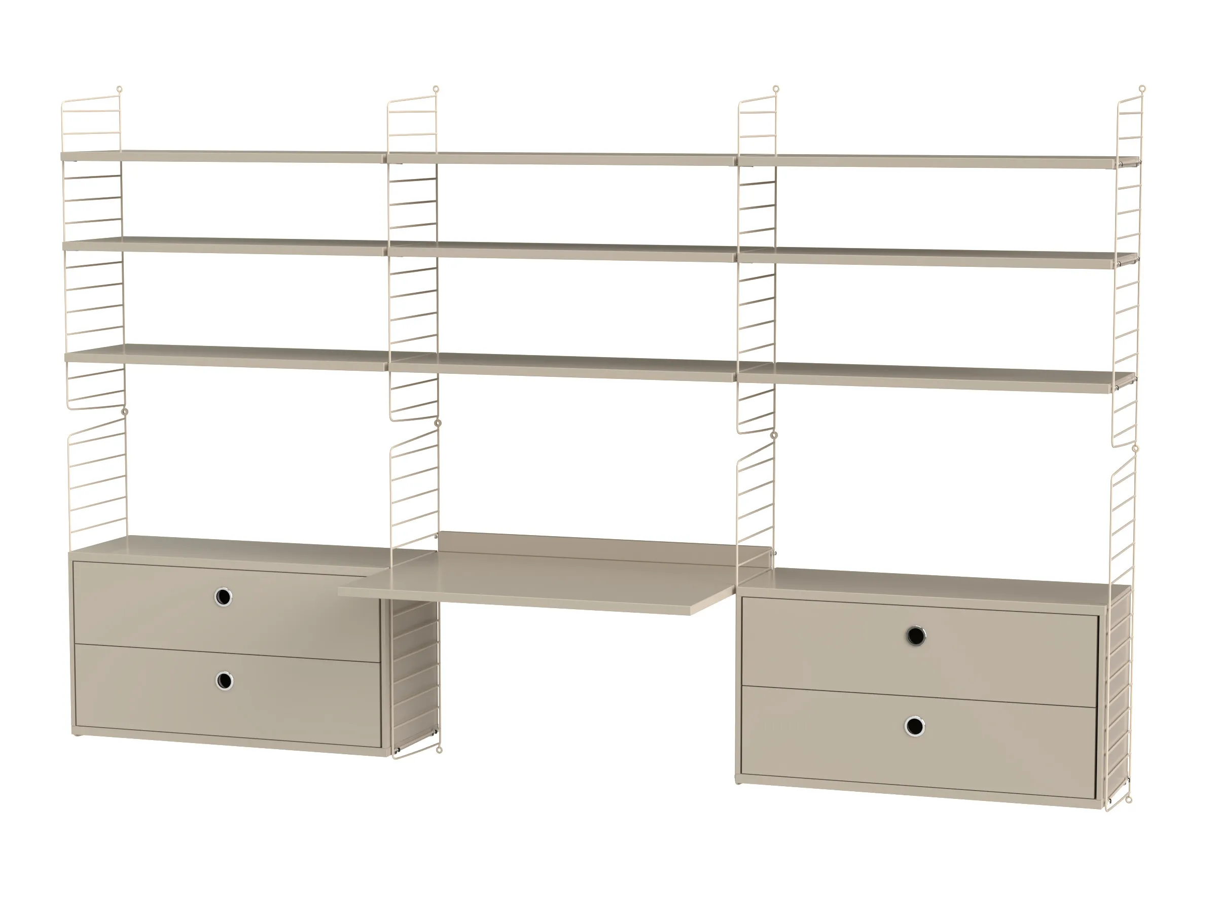 Arbeidsplass F – vegghengt, 3 hyller, arbeidsbord og skuffer