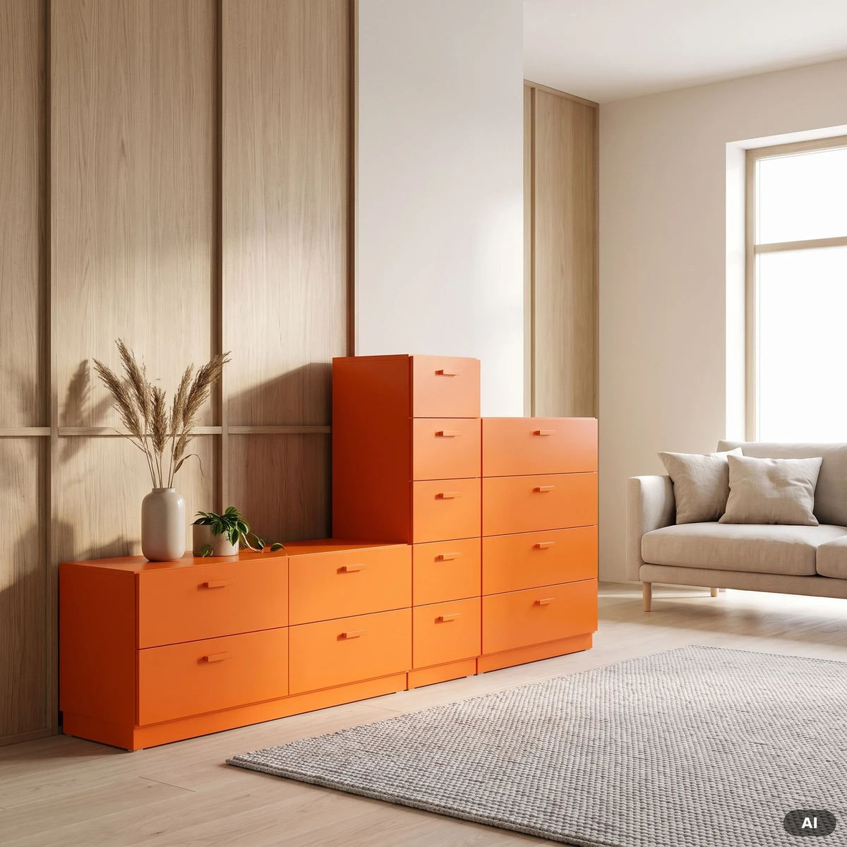 En lav, en høy og en bred Relief-kommode med sokkel oransje
