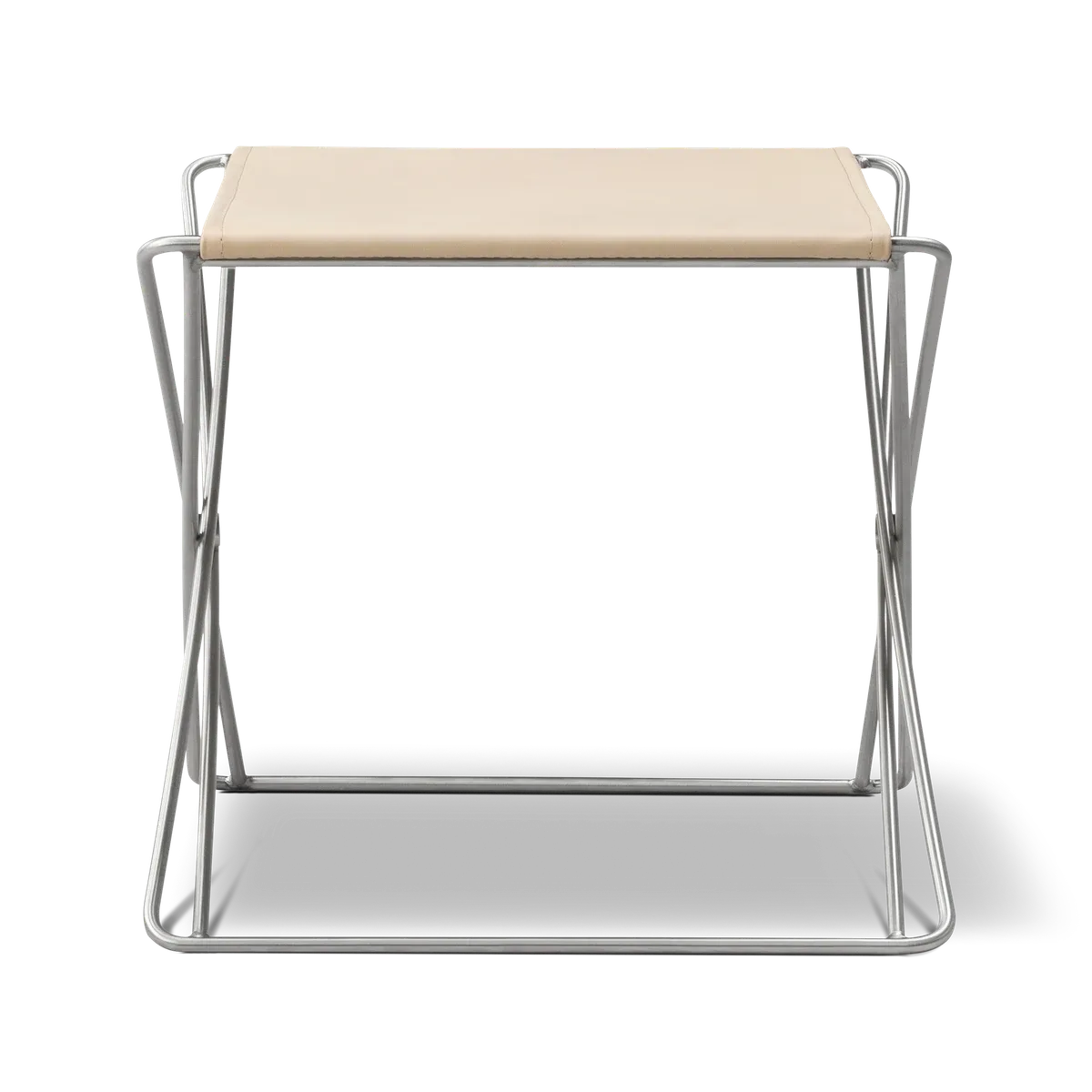 JG Folding Stool – Skinn Vegeta, Naturell Børstet rustfritt stål